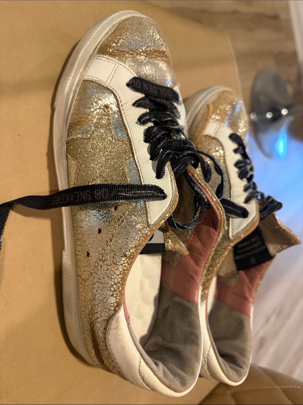 Golden Goose Women's Gold Glitter & White Low-Top Sneakers with Black Laces